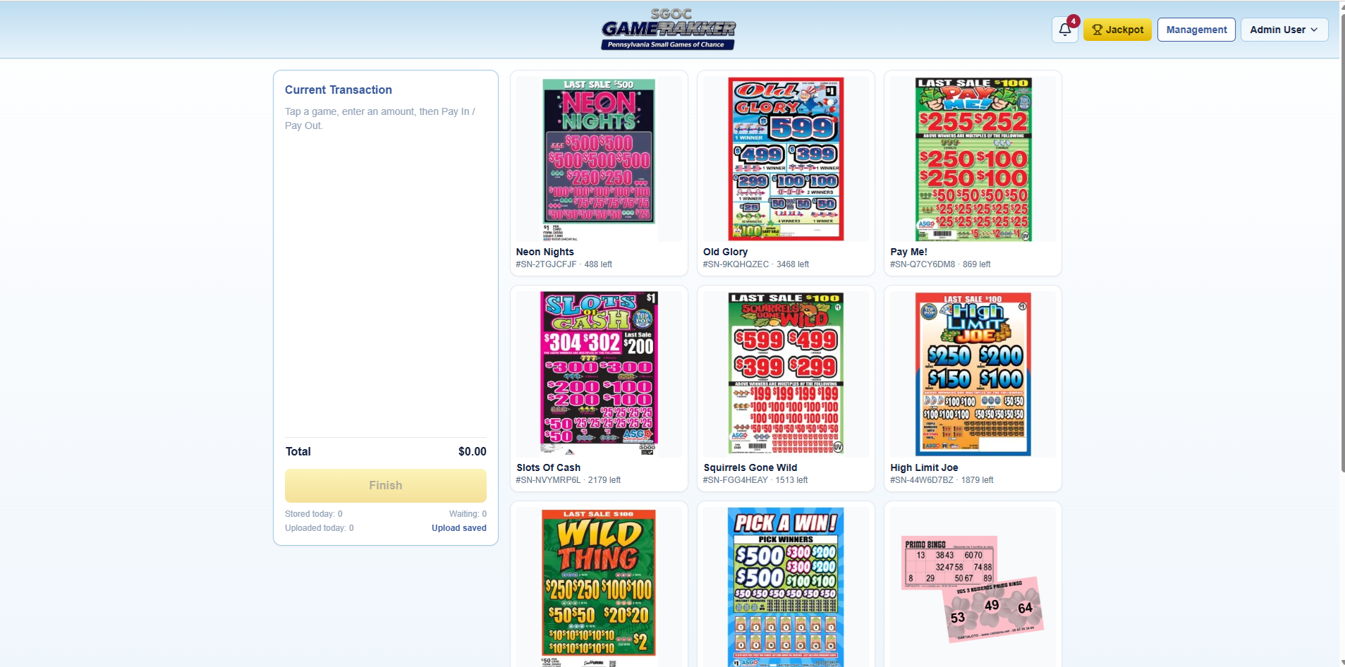 GameTrakker POS register — Small Games of Chance touchscreen point of sale showing the game grid with real pull-tab artwork and the current-transaction panel