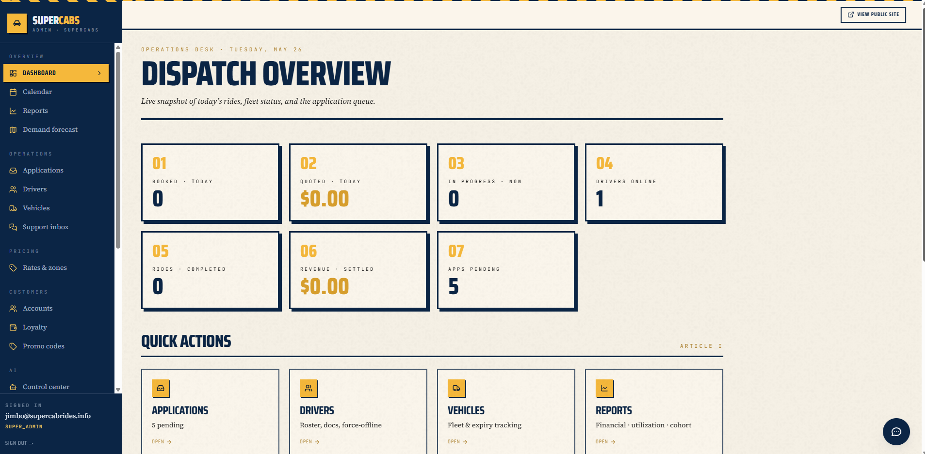 SuperCabs admin + dispatch console — live board, drivers, and pricing