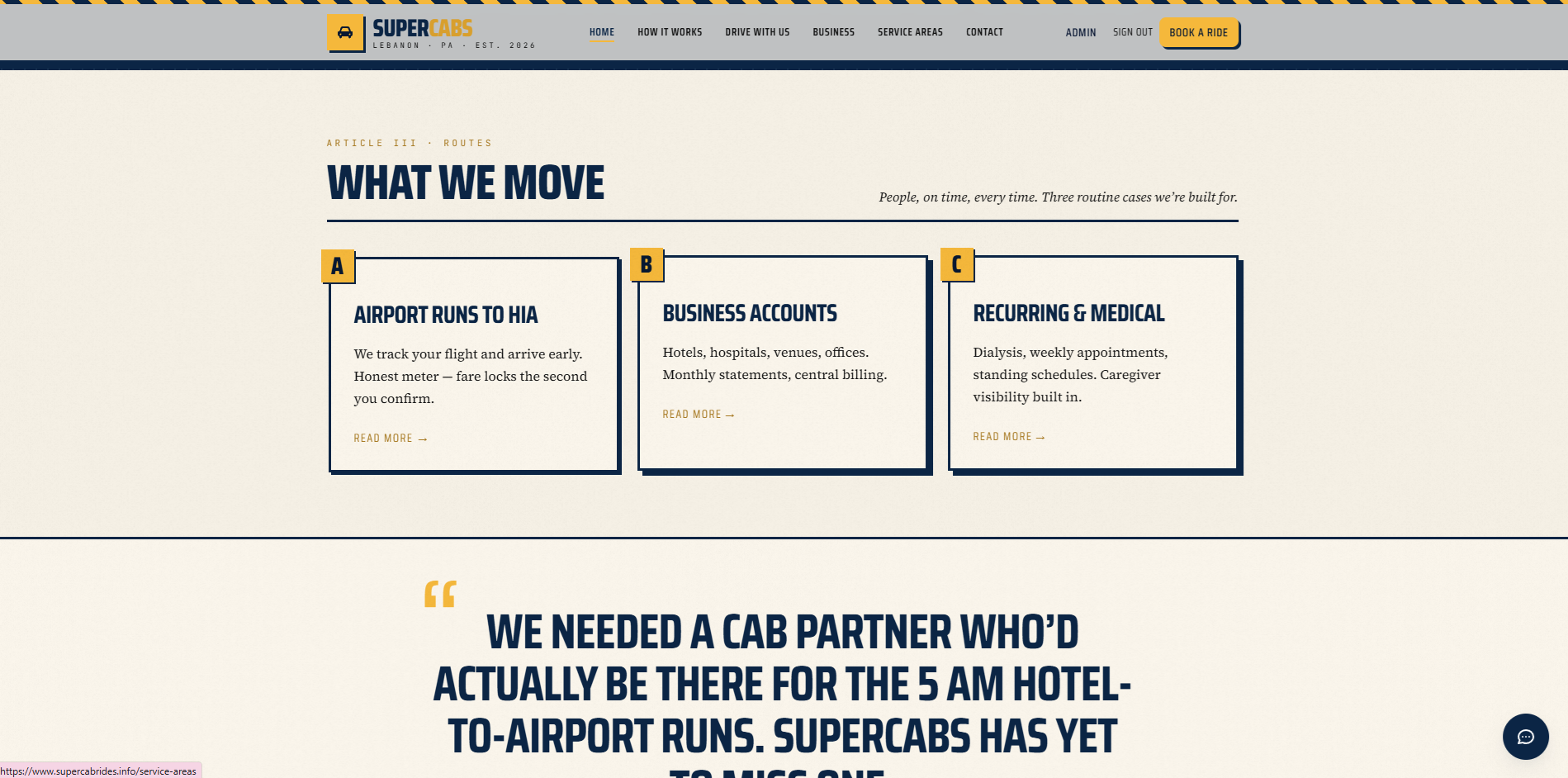 SuperCabs rider front end — booking flow and broadsheet design system