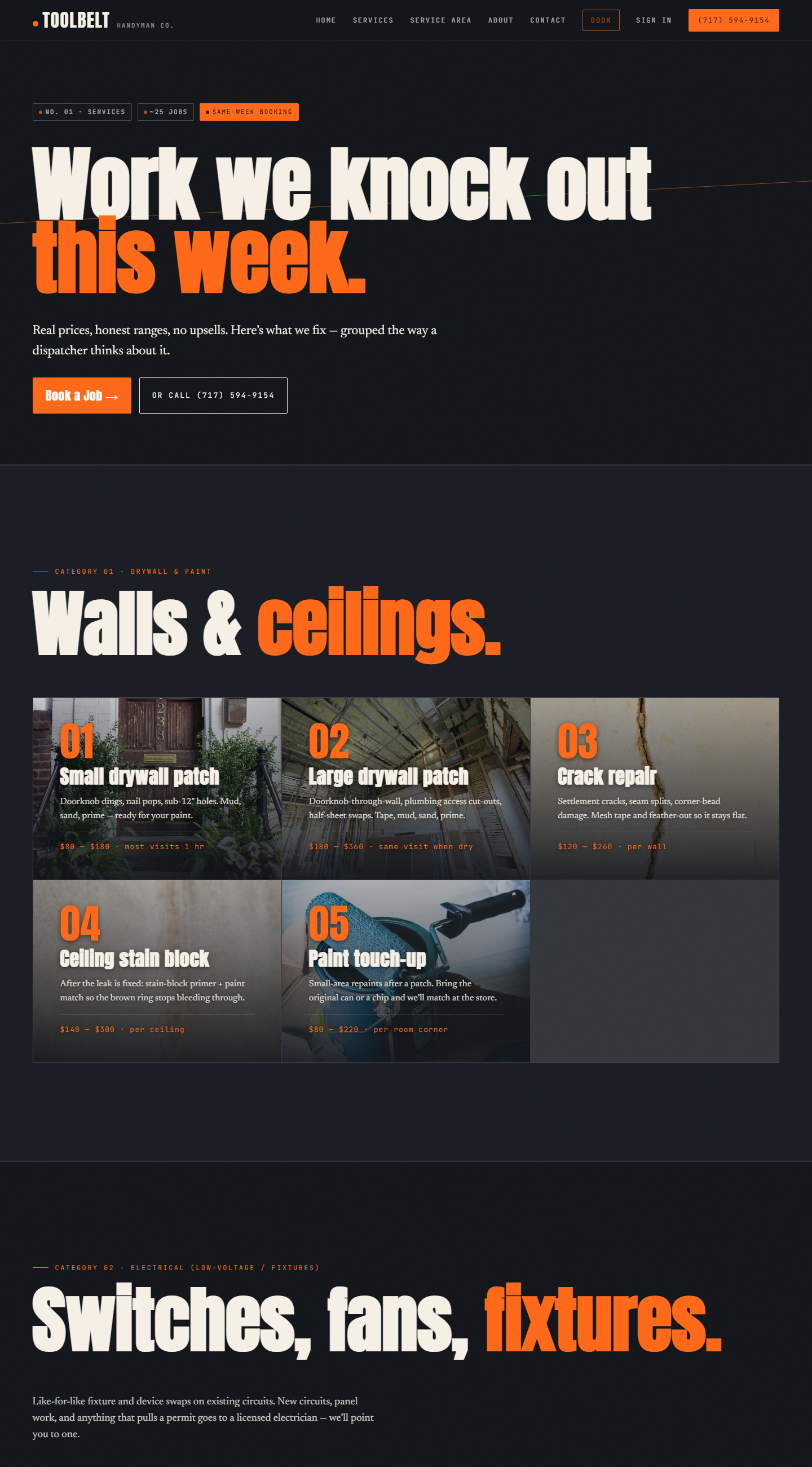 Toolbelt Handyman services page — drywall, fixtures, and exterior work grouped by trade
